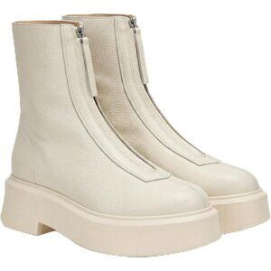 Women's White Leather Platform Chelsea Boots Front Zip Chunky Combat Bootie